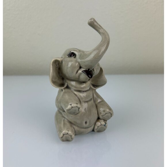 Elephant Figurine Ceramic Arts Studio Pottery Gray Eyelashes Vintage Trunk Up - Picture 2 of 12
